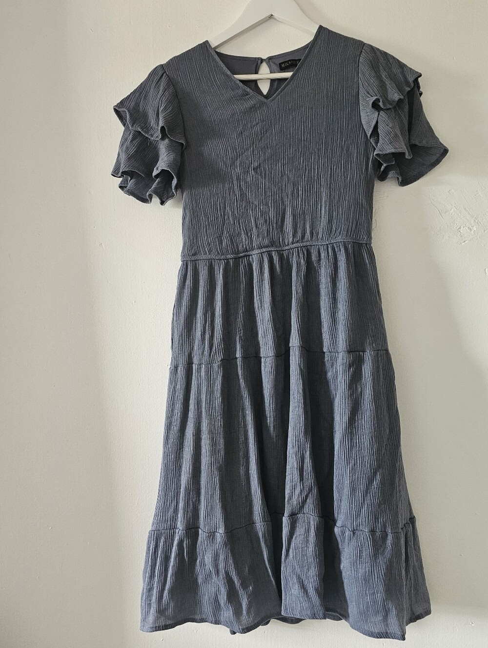 MIKAROSE Ruffle Sleeve Midi Dress in Blue Size Medium
